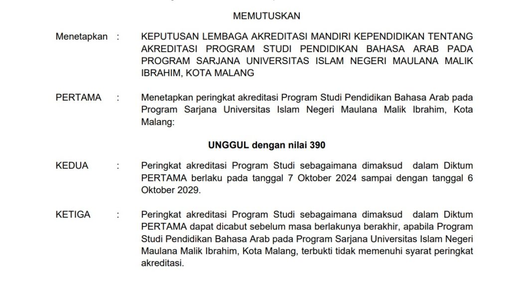 Mabruk, Prodi PBA FITK UIN Malang Raih Peringkat Akreditasi Unggul